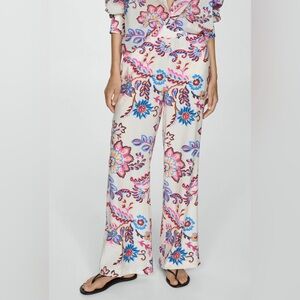 Mango Floral Print Wide-Leg Pants